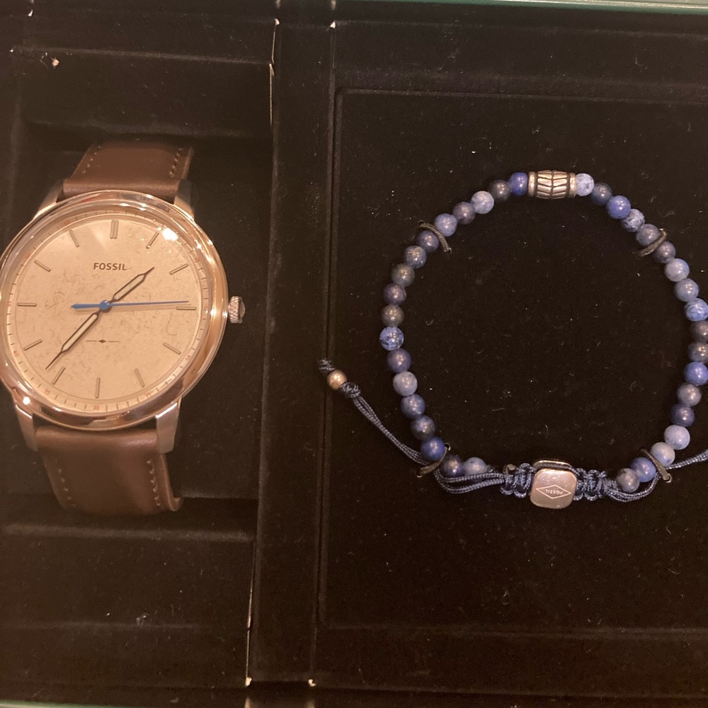 Fossil Men's Brown Leather 3H Watch and Bracelet Set